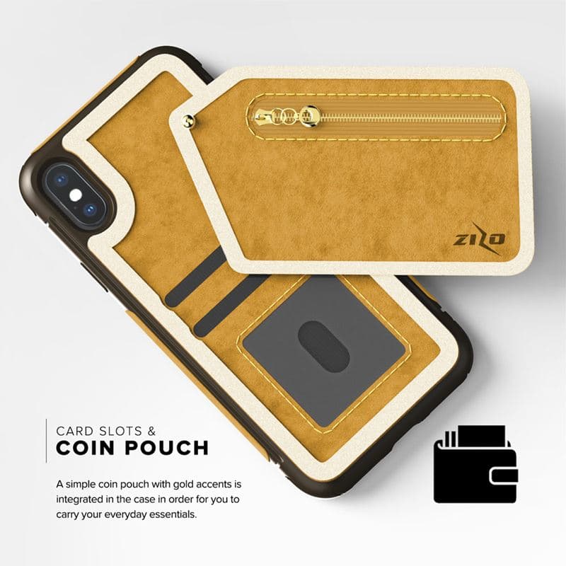 Zizo Nebula Wallet Case - Wallet Back and Zipper Pouch with Tempered Glass Screen Protector for iPhone X (Light Brown/Brown) 7