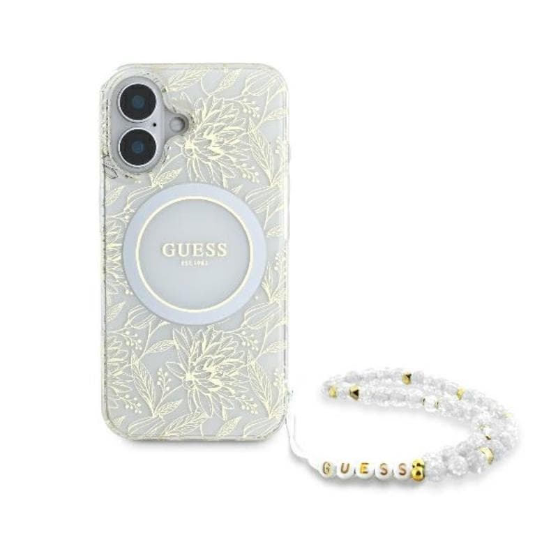 Guess IML Flowers Allover Electro With Pearl Strap MagSafe - Case for iPhone 16 Plus (White) 2