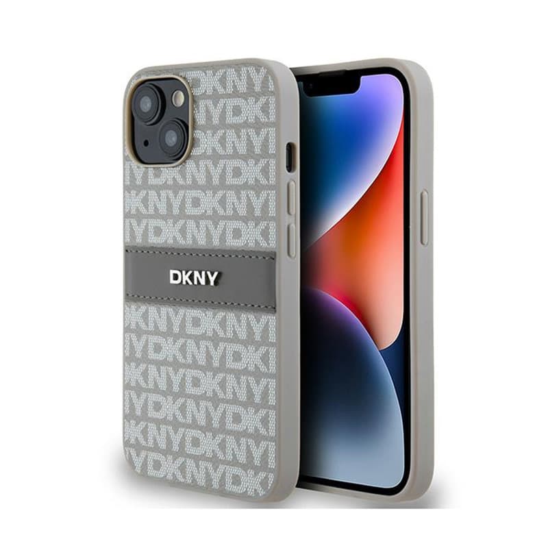 DKNY Leather Mono Stripe & Metal Logo - iPhone 14 / 15 / 13 Case (beige) 1