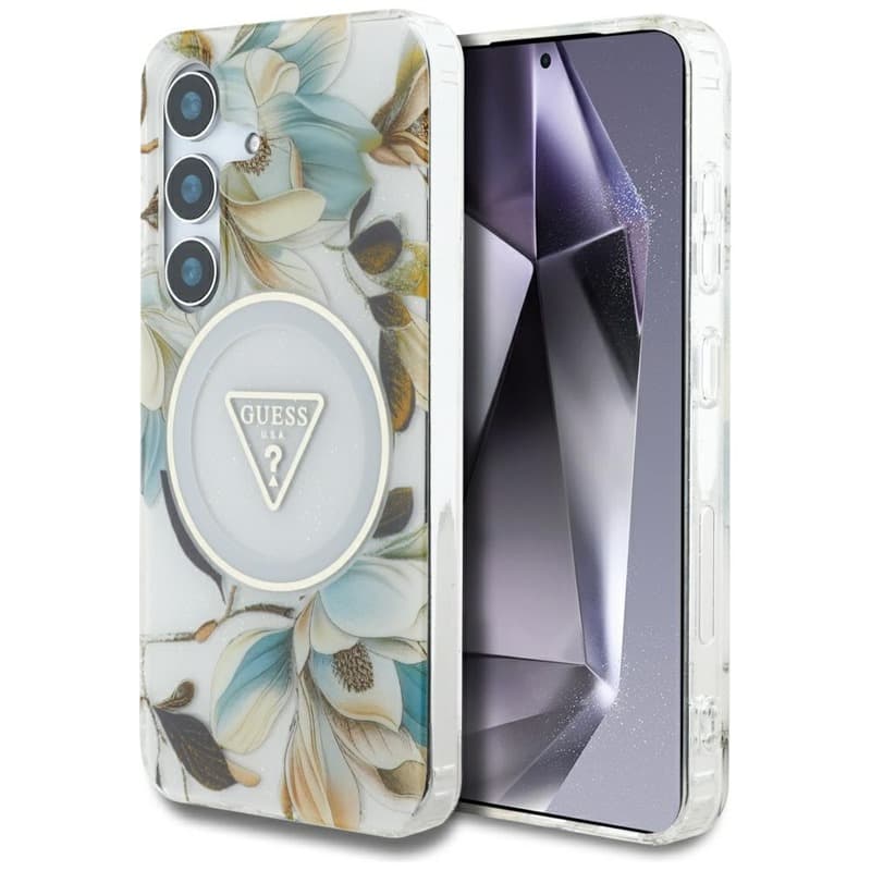 Guess Glitter Flowers Triangle Buttons MagSafe - Case for Samsung Galaxy S25 (white)