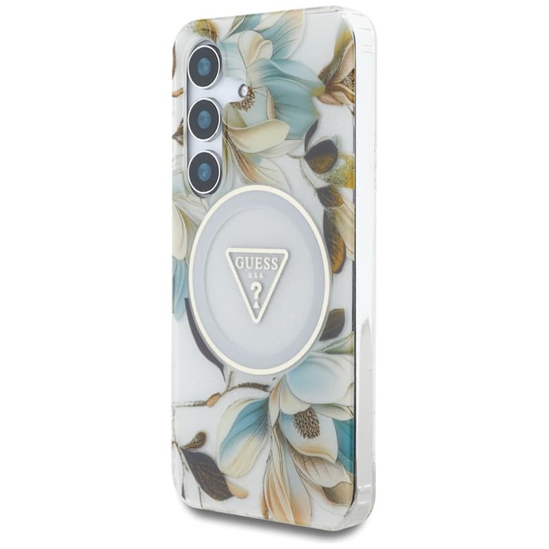 Guess Glitter Flowers Triangle Buttons MagSafe - Case for Samsung Galaxy S25 (white) 2