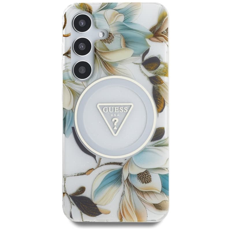 Guess Glitter Flowers Triangle Buttons MagSafe - Case for Samsung Galaxy S25 (white) 3