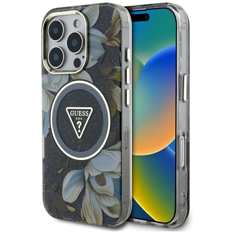 Guess Glitter Flowers Triangle Buttons MagSafe - Case for iPhone 16 Pro (black)