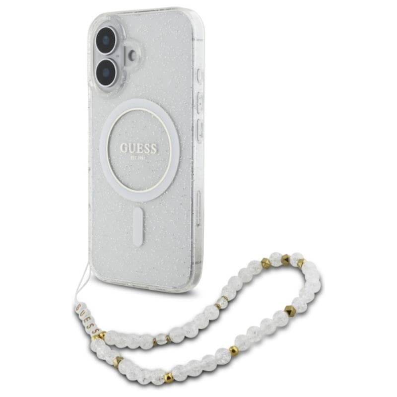 Guess IML Glitter With Pearl Strap MagSafe - Case for iPhone 16 (Transparent)