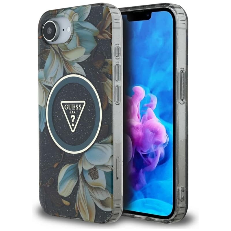 Guess IML Metal Glitter Flowers Triangle MagSafe - Case for iPhone 16e (black) 1