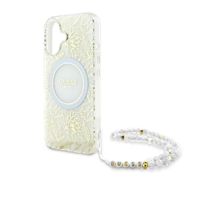 Guess IML Flowers Allover Electro With Pearl Strap MagSafe - Case for iPhone 16 Plus (White) 5