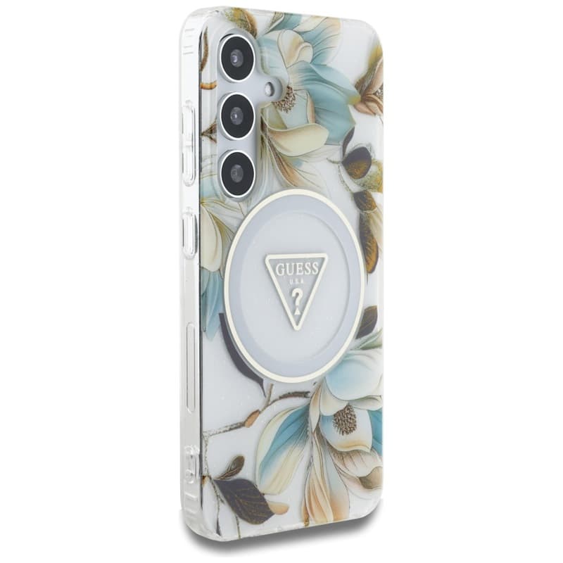 Guess Glitter Flowers Triangle Buttons MagSafe - Case for Samsung Galaxy S25 (white) 4
