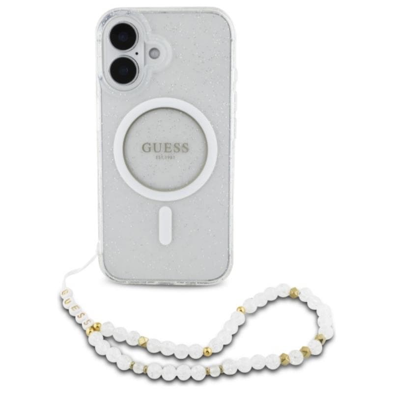 Guess IML Glitter With Pearl Strap MagSafe - Case for iPhone 16 (Transparent) 2