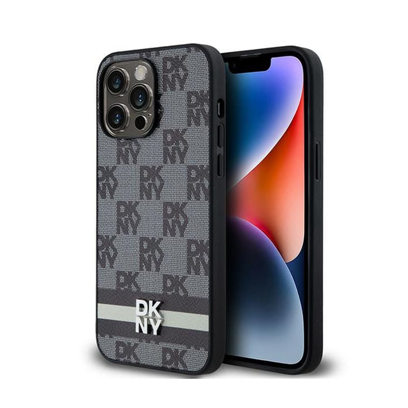 DKNY Leather Checkered Mono Pattern & Printed Stripes - iPhone 14 Pro Max Case (black) 1
