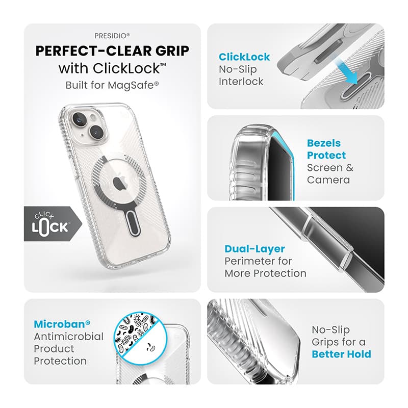 Speck Presidio Perfect-Clear Grip ClickLock & MagSafe - iPhone 17e / 16e / 15 / 14 / 13 Case (Clear / Chrome Finish / Serene Silver) 3