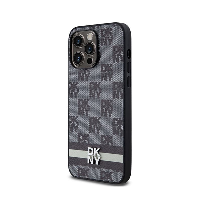 DKNY Leather Checkered Mono Pattern & Printed Stripes - iPhone 14 Pro Max Case (black) 2