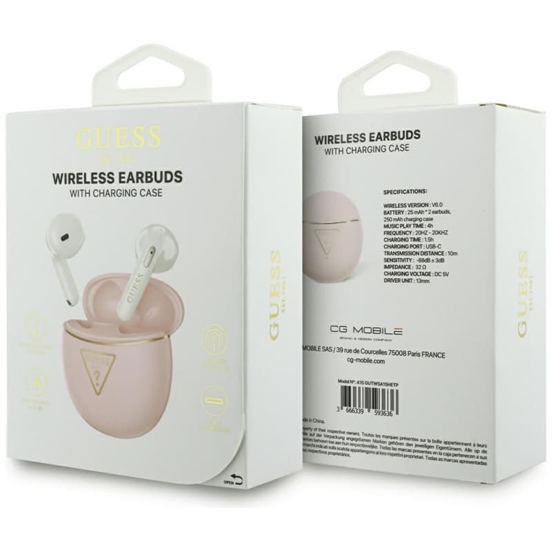 Guess Gold Line Triangle - TWS Bluetooth Earphones + Charging Case (Pink) 6