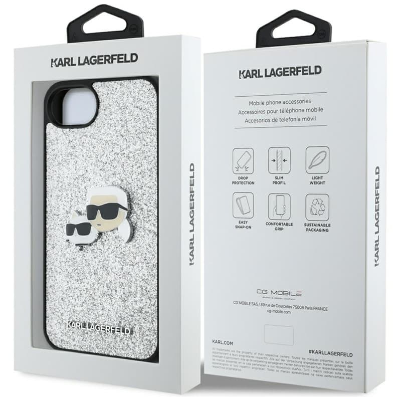 Karl Lagerfeld Fixed Glitter Karl & Choupette Heads Metal Pin - Case for iPhone 16e (silver) 8