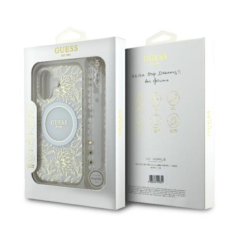 Guess IML Flowers Allover Electro With Pearl Strap MagSafe - Case for iPhone 16 Plus (White) 7
