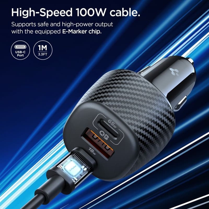 Spigen Essential EV1133 – Car Charger 2x USB-C PD and USB-A QC3.0 113W + 100W, USB-C Cable, 1m (Black) 4