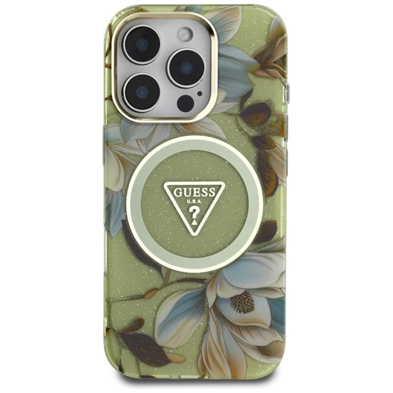 Guess Glitter Flowers Triangle Buttons MagSafe - Case for iPhone 16 Pro (green) 3