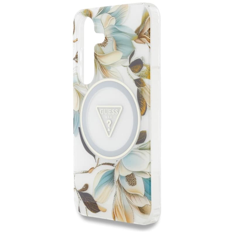 Guess Glitter Flowers Triangle Buttons MagSafe - Case for Samsung Galaxy S25 (white) 6