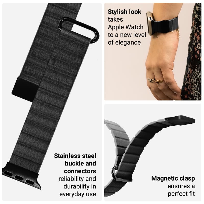 Crong Eclipse - Magnetic Leather Apple Watch Band 44/45/46/49 mm (Black) 6