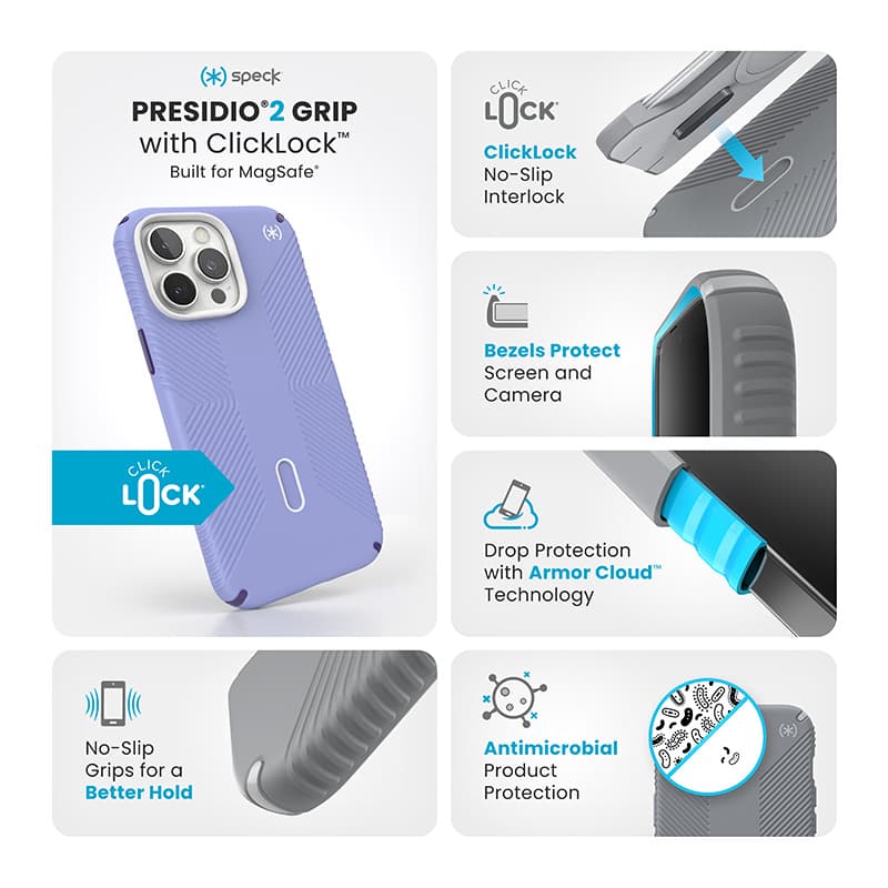 Speck Presidio2 Grip ClickLock & MagSafe - iPhone 16 Pro Max Case (Future Lavender / Cassis Purple / White) 3