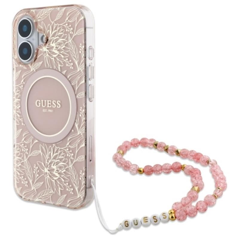 Guess IML Flowers Allover Electro With Pearl Strap MagSafe - Case for iPhone 16 Plus (Pink)