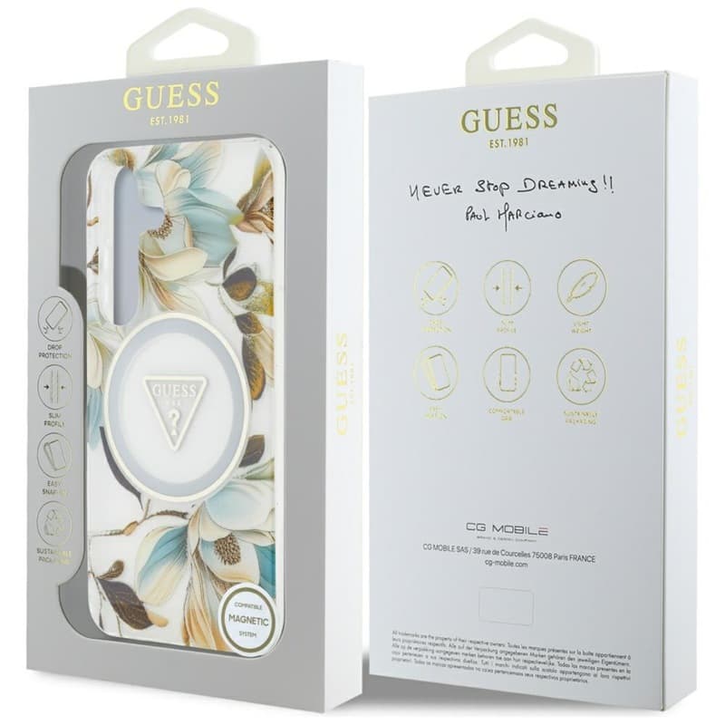 Guess Glitter Flowers Triangle Buttons MagSafe - Case for Samsung Galaxy S25 (white) 8