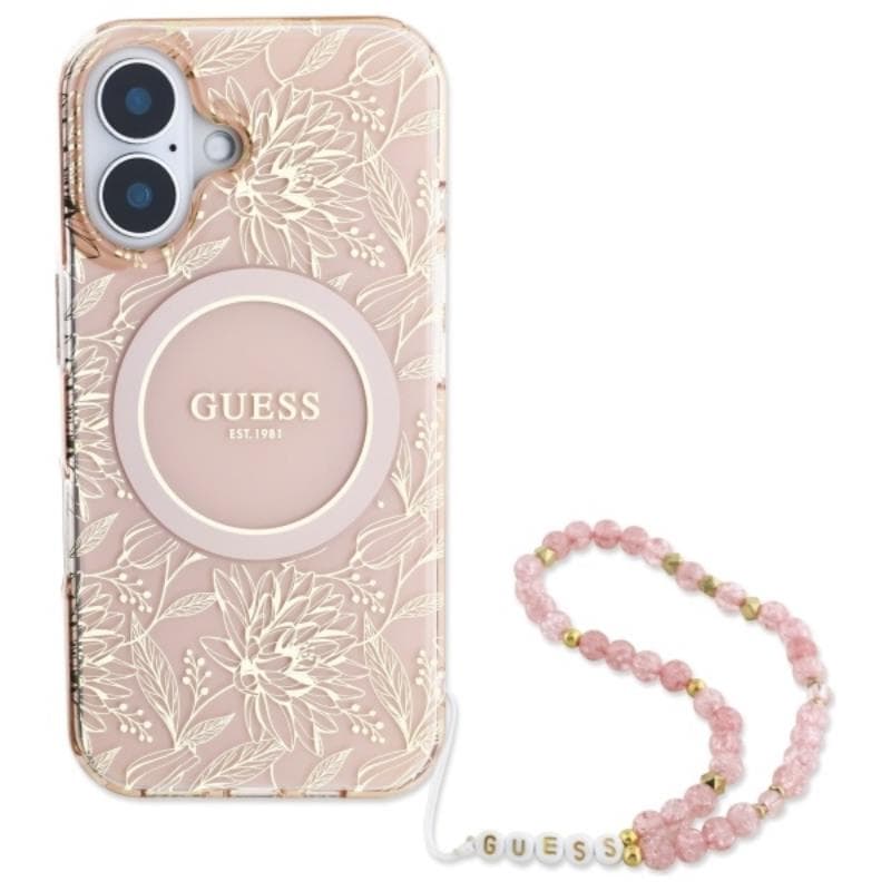 Guess IML Flowers Allover Electro With Pearl Strap MagSafe - Case for iPhone 16 Plus (Pink) 2