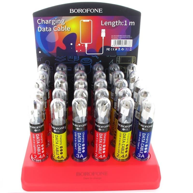 Borofone - a set of cables packed in tubes, on a countertop stand 1