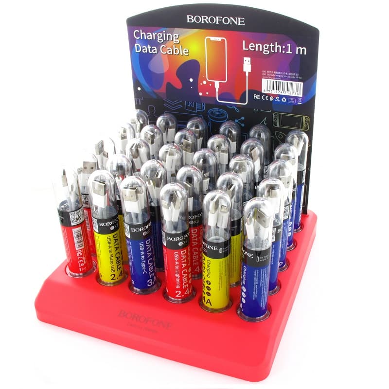 Borofone - a set of cables packed in tubes, on a countertop stand 2