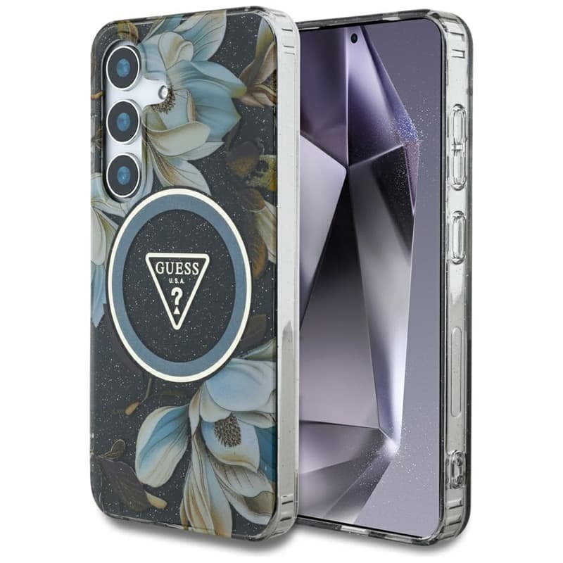 Guess Glitter Flowers Triangle Buttons MagSafe - Case for Samsung Galaxy S25 (black)