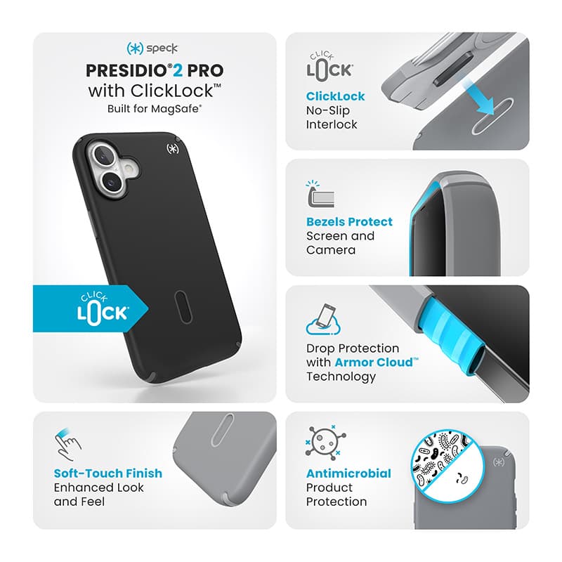 Speck Presidio2 Pro ClickLock & MagSafe - iPhone 16 Plus Case (Black / Slate Gray / White) 3