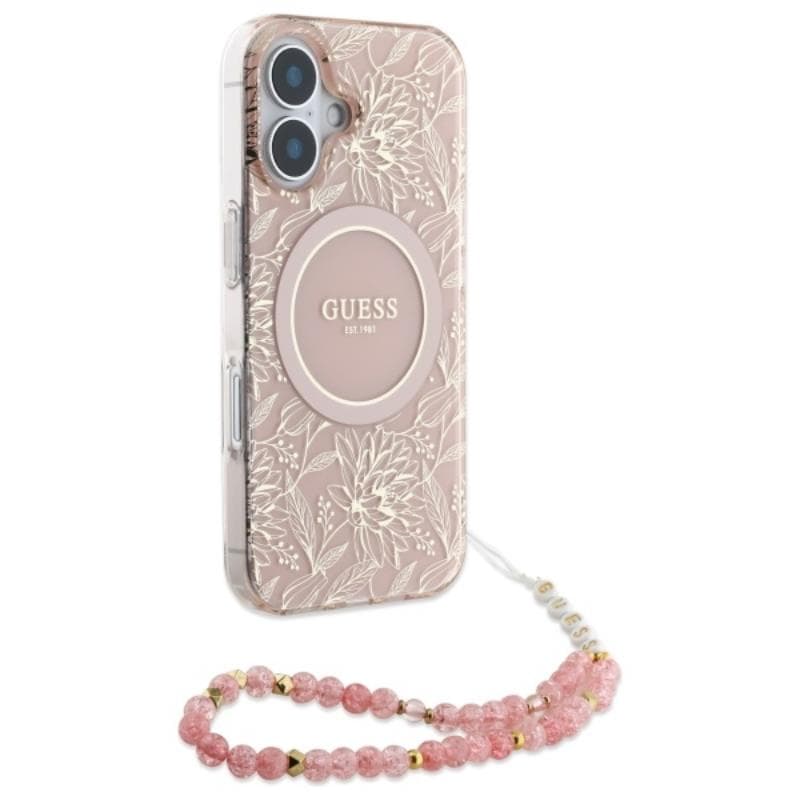 Guess IML Flowers Allover Electro With Pearl Strap MagSafe - Case for iPhone 16 Plus (Pink) 3