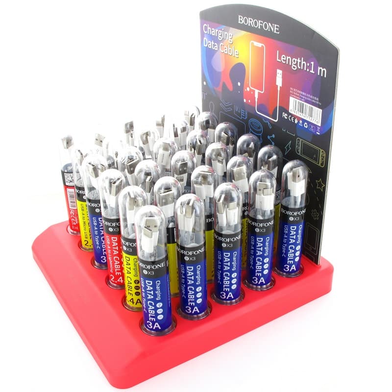 Borofone - a set of cables packed in tubes, on a countertop stand 3