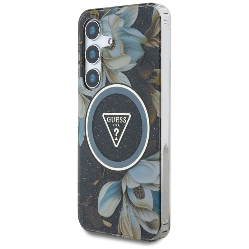 Guess Glitter Flowers Triangle Buttons MagSafe - Case for Samsung Galaxy S25 (black) 2