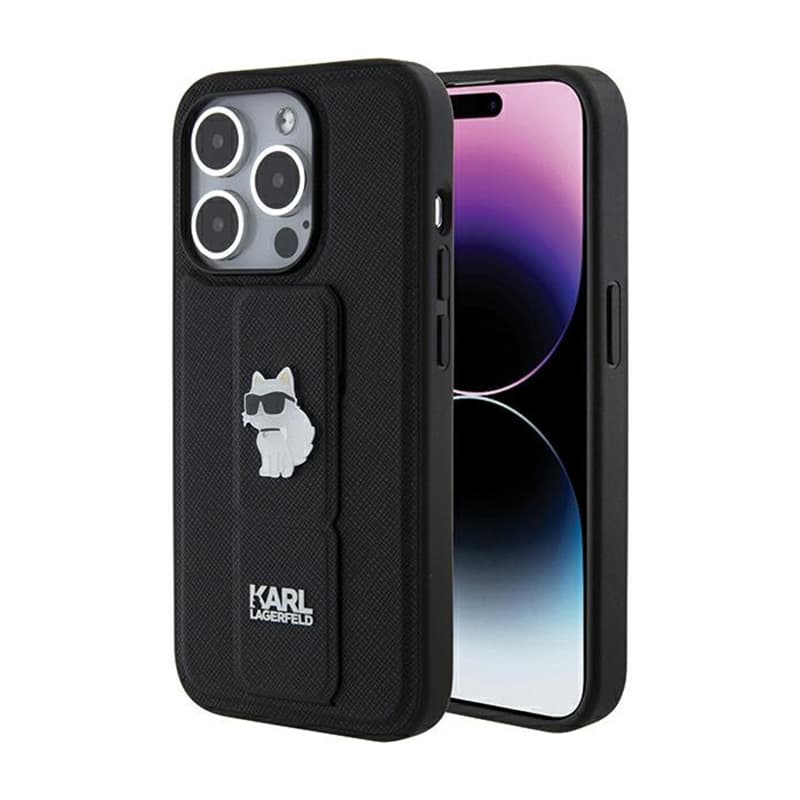 Karl Lagerfeld Gripstand Saffiano Choupette Pins - iPhone 15 Pro Max Case (Black) 1
