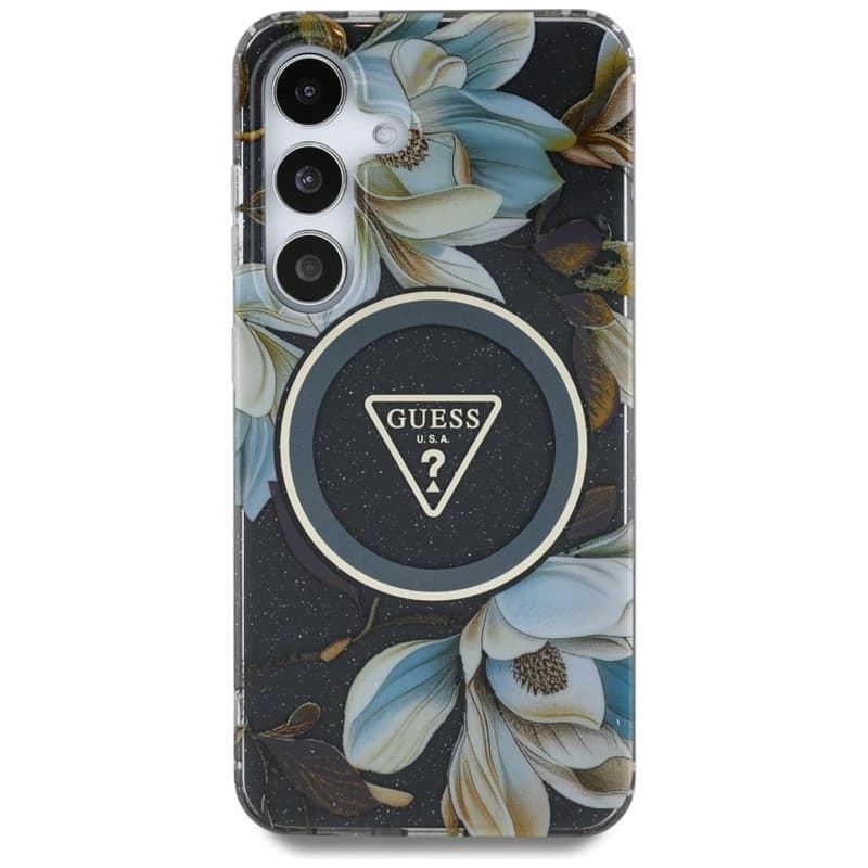 Guess Glitter Flowers Triangle Buttons MagSafe - Case for Samsung Galaxy S25 (black) 3
