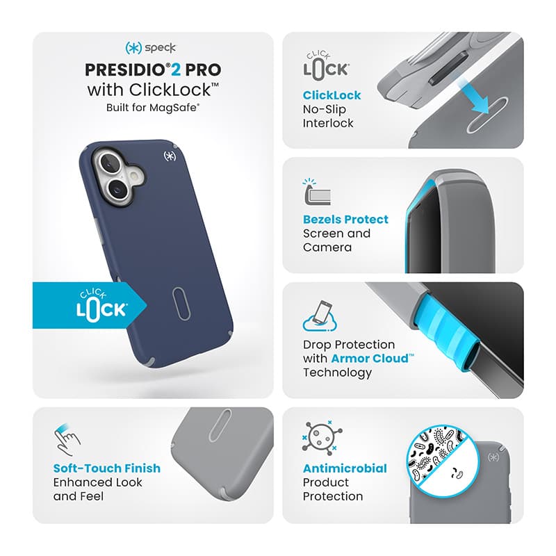 Speck Presidio2 Pro ClickLock & MagSafe - iPhone 16 Case (Coastal Blue / Dust Gray / White) 3