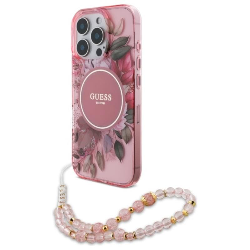 Guess IML Flowers With Pearl Strap MagSafe - Case for iPhone 16 Pro Max (Pink)