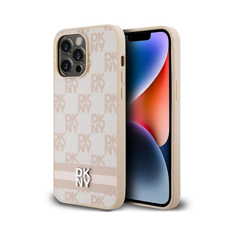 DKNY Leather Checkered Mono Pattern & Printed Stripes - Case for iPhone 14 Pro Max (pink) 1