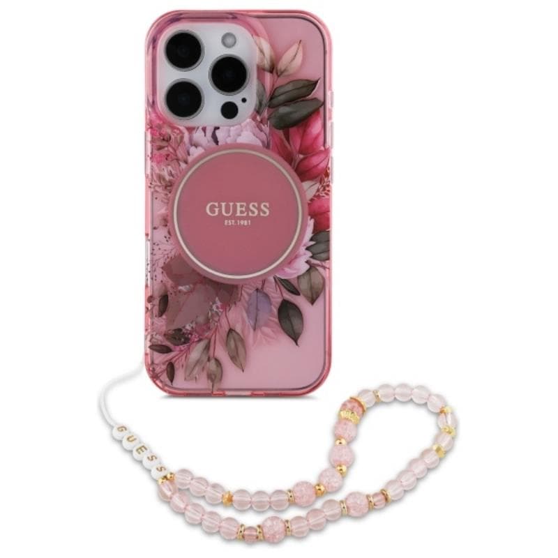 Guess IML Flowers With Pearl Strap MagSafe - Case for iPhone 16 Pro Max (Pink) 2