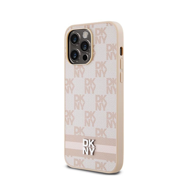 DKNY Leather Checkered Mono Pattern & Printed Stripes - Case for iPhone 14 Pro Max (pink) 2