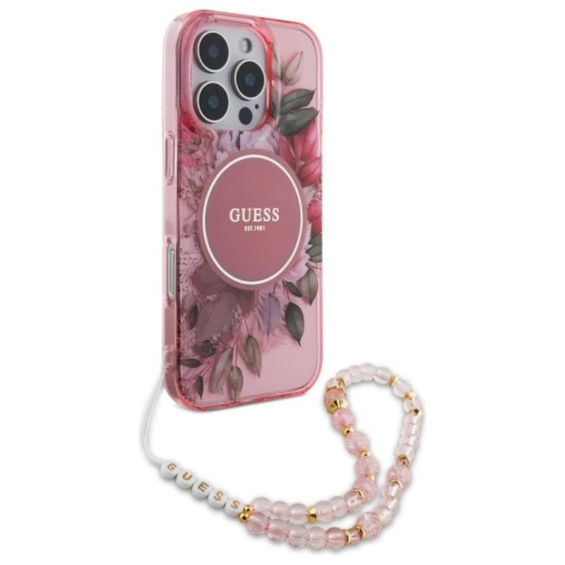 Guess IML Flowers With Pearl Strap MagSafe - Case for iPhone 16 Pro Max (Pink) 3