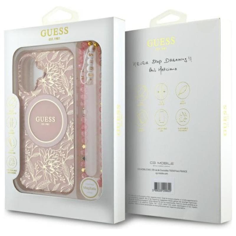 Guess IML Flowers Allover Electro With Pearl Strap MagSafe - Case for iPhone 16 Plus (Pink) 7