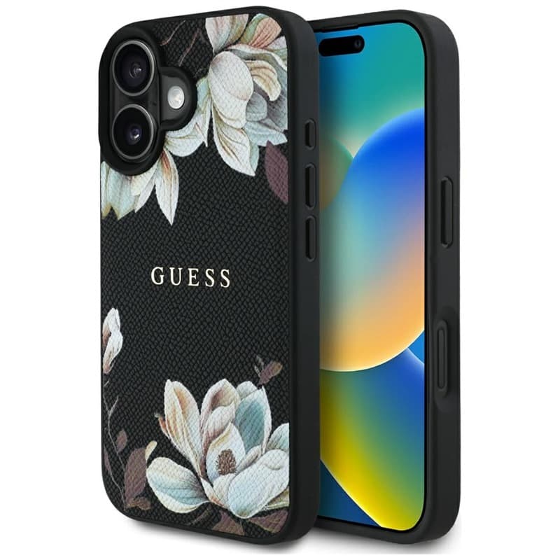 Guess Grained Printed Flower Pattern MagSafe - Case for iPhone 16 (black)
