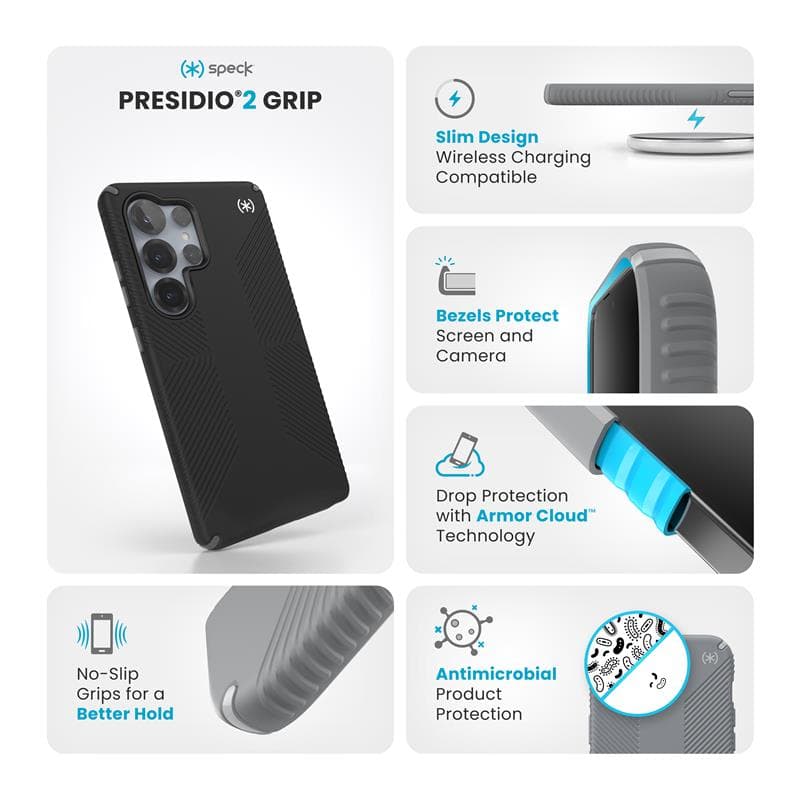 Speck Presidio2 Grip - Samsung Galaxy S25 Ultra Case (Black/Slate Grey/White) 7