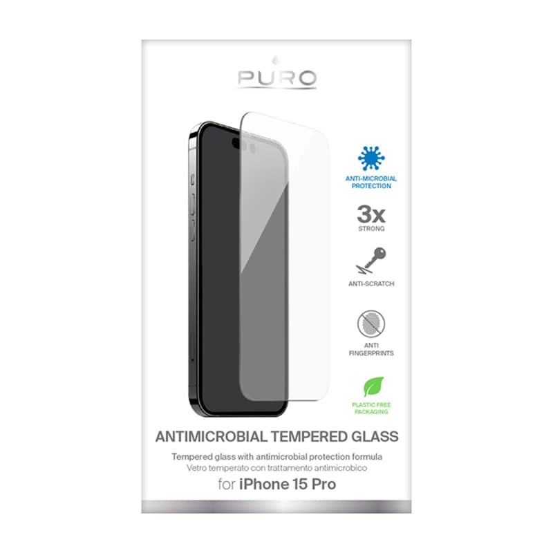 PURO Anti-Bacterial Tempered Glass - Tempered protective glass with antimicrobial protection for iPhone 15 Pro 2