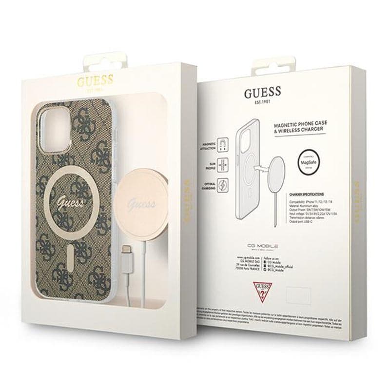 Guess Bundle Pack MagSafe 4G - Set of case for iPhone 12 / iPhone 12 Pro + MagSafe charger (Brown/Gold) 2