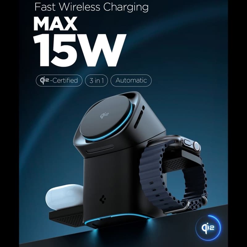 Spigen Essential EF223MS Qi2 Rotary Magnetic - 3-in-1 MagSafe Inductive Charger for iPhone, AirPods, and Apple Watch 15W (Black) 4