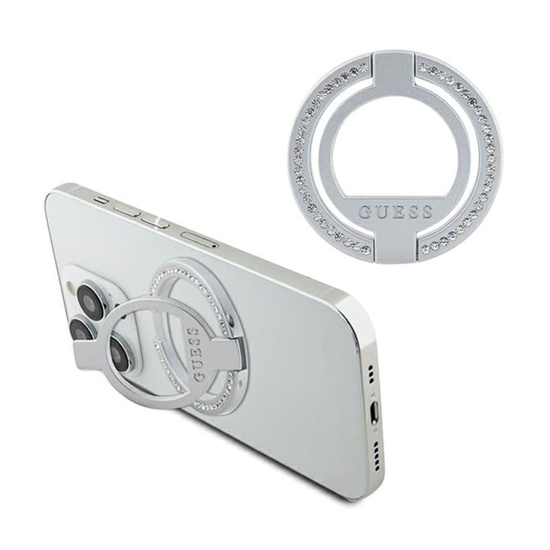 Guess MagSafe Ring Stand Rhinestone - Magnetic finger holder for phone with stand function (Silver) 1