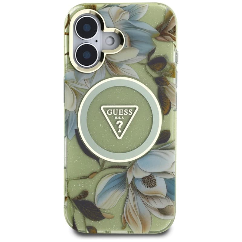 Guess Glitter Flowers Triangle Buttons MagSafe - Case for iPhone 16 (green) 3
