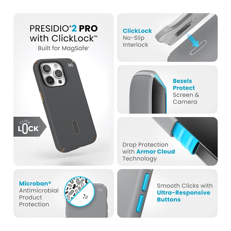 Speck Presidio2 Pro ClickLock & MagSafe - iPhone 15 Pro Case (Charcoal Gray / Cool Bronze) 3